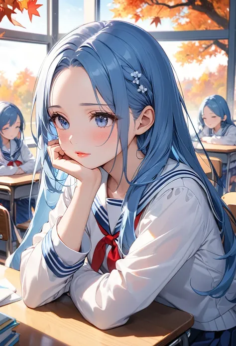 (frontale style), sit down on chair, Resting own chin on desk,
(beautiful forehead)
(beautiful blue hair delicate long hair),
(immensely cute girl) (age 15),
((make up cute face, glossy lip)), (sad face),
in a white sailor suit, red ribbon, navy blue skirt...