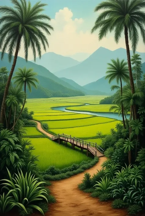 Oil paint splattered era 1960, a view of rice fields, dirt road, distant hill background, forest, coconut tree, and bamboo trees, there is grass,check,The river flows calmly and there is a wooden bridge,ferns plant, foggy morning,naturalism,Realism,very du...