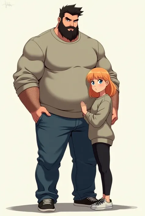 Anime image of a tall, muscular, bearded man. He has dark hair and dark eyes. He looks polished and is wearing jeans and a sweatshirt.
He is holding the hand of a small woman who is at least a foot and a half shorter than him. She has strawberry blonde hai...