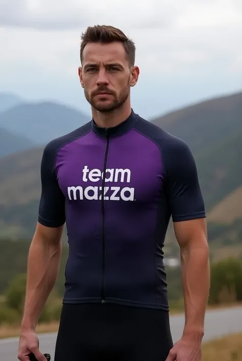  cycling jersey for men in dark purple and purple in gradient with letter that reads "Team Mazza "