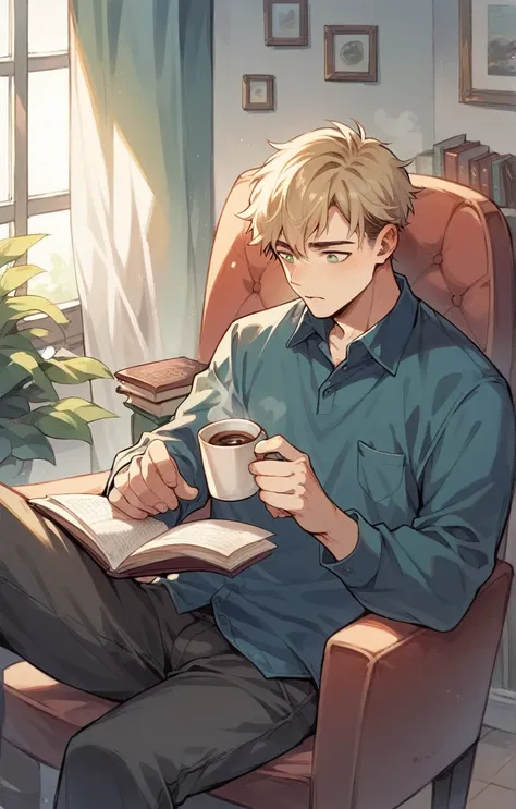 Boy boy drinking coffee is reading a book sitting in an armchair 