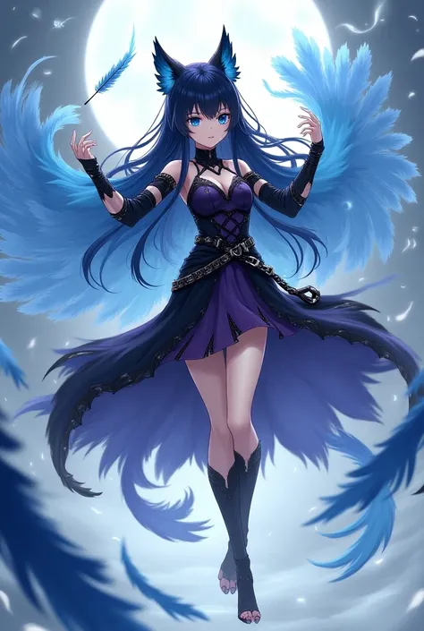  I need you to create a girl who has owl ears ,  who wears warrior clothes and these clothes are black and purple , blue cat eyes ,  that is an anime type and is full body in the pose of the hero who has one hand up in which a feather floats ,  that some f...