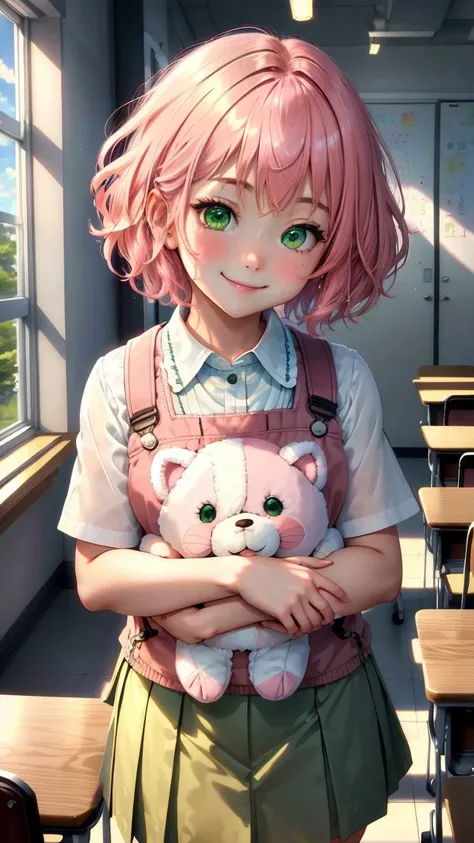 (Adorable young girl:1.2) with (short pink hair:1.1, sparkling green eyes:1.1) (wearing a school uniform:1.0) BREAK (Playful expression:1.2, mischievous smile:1.1) (holding a small plush toy:1.0) BREAK (Classroom setting:0.9, colorful book-filled shelves:1...