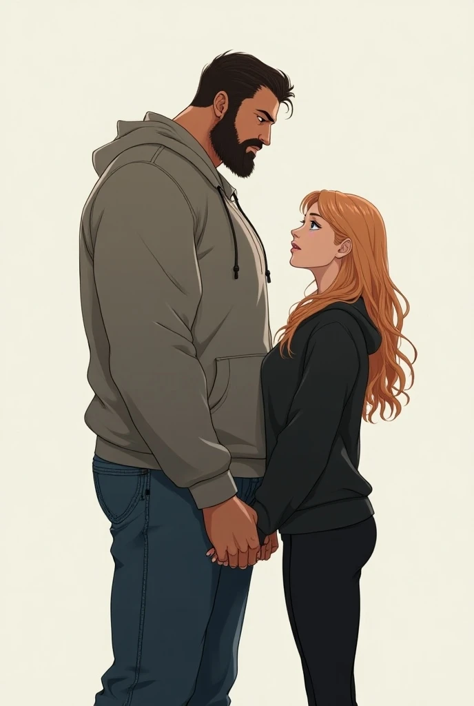 Anime a tall, muscular, bearded man. He has dark hair and dark eyes. He looks polished and is wearing jeans and a sweatshirt.
He is holding the hand of a small woman who is at least a foot and a half shorter than him. She has strawberry blonde hair and icy...