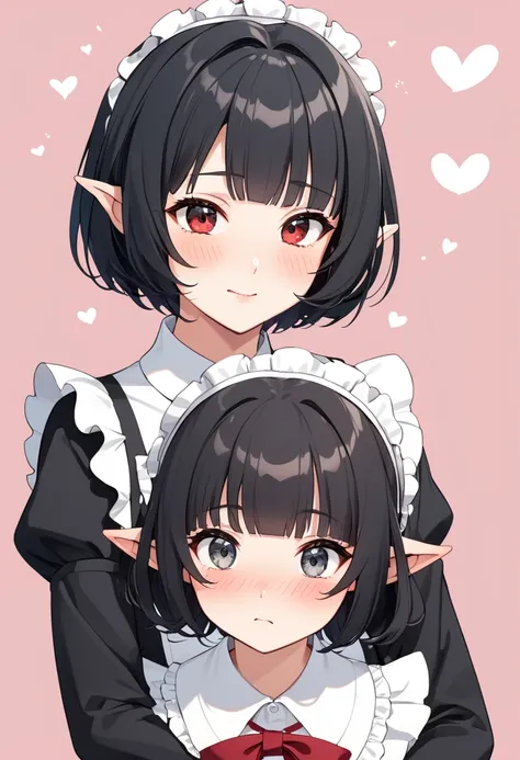 1girl, elf, wearing maid bikni, bashful expression, blushing red, short hair, gray eye color, (black hair color)1girl, elf, maid...