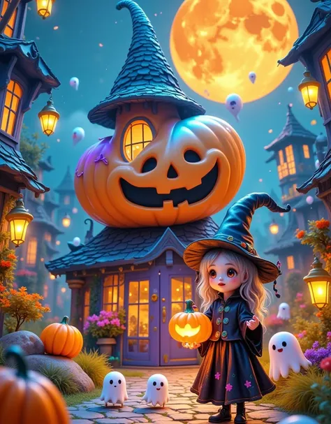  A pumpkin-shaped Halloween store 。 This store is in the center of the image ， surrounded by lettuce and man-eating flowers 。The sky is blue，in front of the store， There is a little witch wearing a black magic hat ， with a pumpkin lamp in her hands 。 The l...