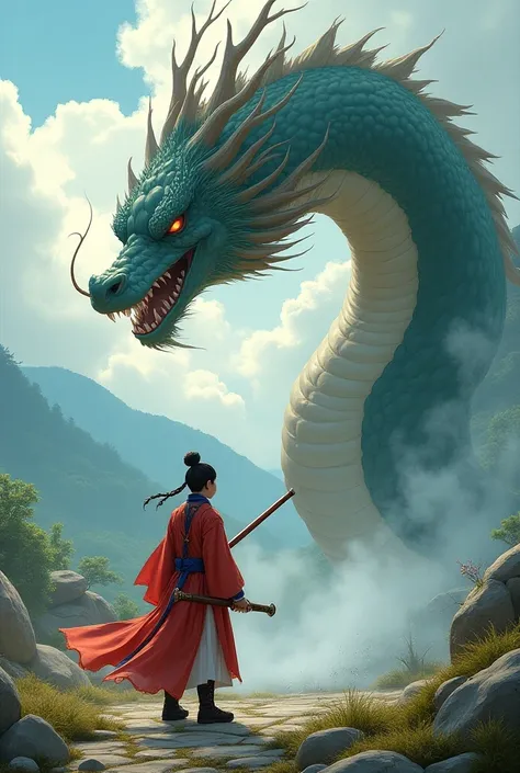 A Korean manga art featuring a dragon and a teenager with a sword 