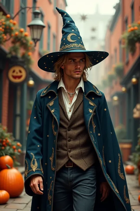 Handsome blond man ,  wearing a wizards Halloween costume , walking down a street 