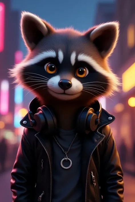 A cheeky rocker raccoon with round big yellow eyes, 4K in Pixar style, with fluffy fur, big head and , chubby cheeks like a movie poster. There are large headphones hanging around Coons neck. The raccoon is wearing a black leather jacket. The background is...