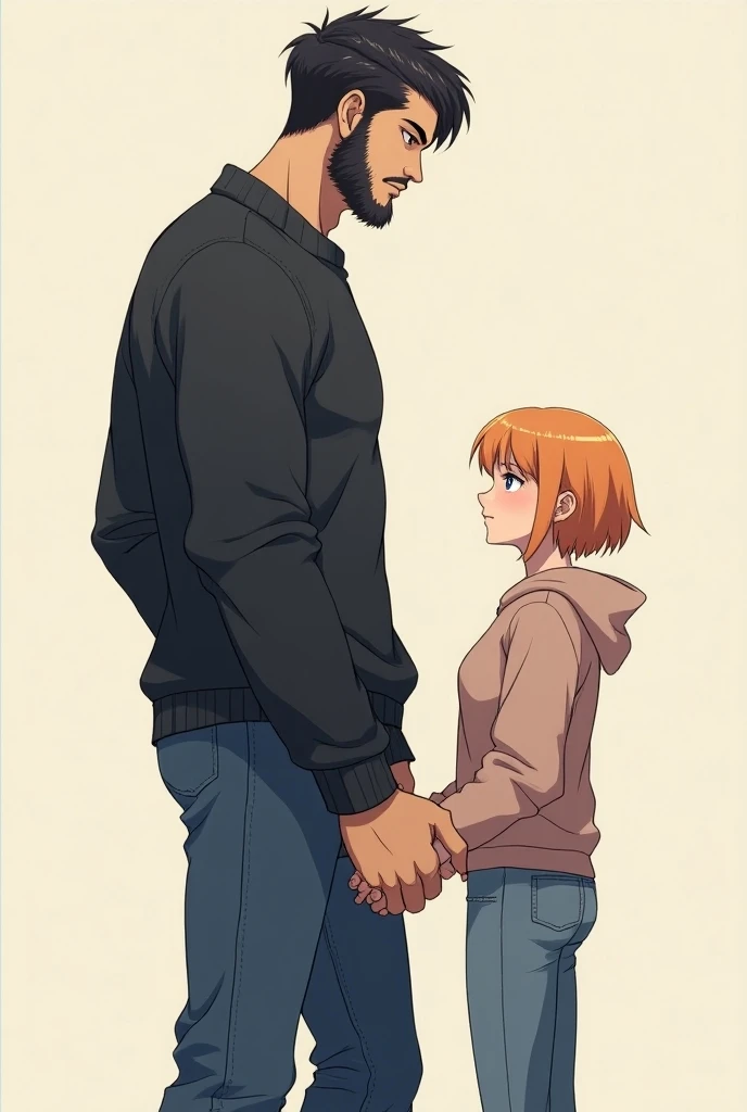 Anime a tall, attractive, muscular, bearded man. He has dark hair and dark eyes. He looks polished and is wearing jeans and a hooded sweatshirt.
He is holding the hand of a small woman who is at least a foot and a half shorter than him. She has strawberry ...