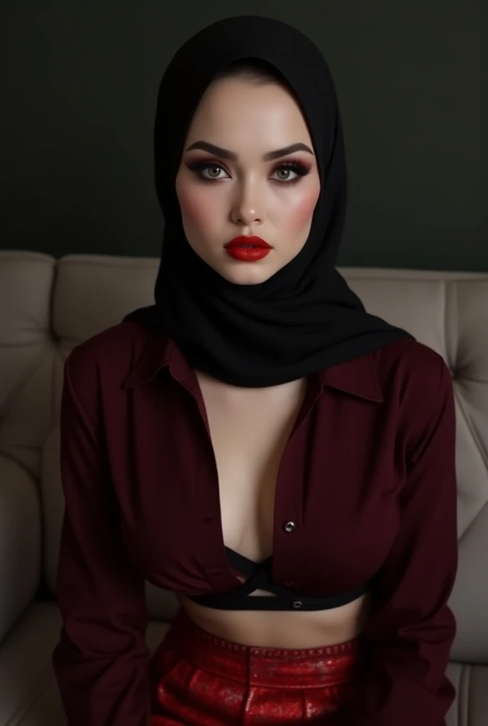 Photorealistic hijabi woman, smooth pale skin, red lipstick, smokey eyeshadow, thin waist, pursed lips, big lips, tight unbuttoned burgundy shirt with bra underneath, tight red mini patterned skirt, sitting on sofa, realistic lips, thick legs, bare legs, h...