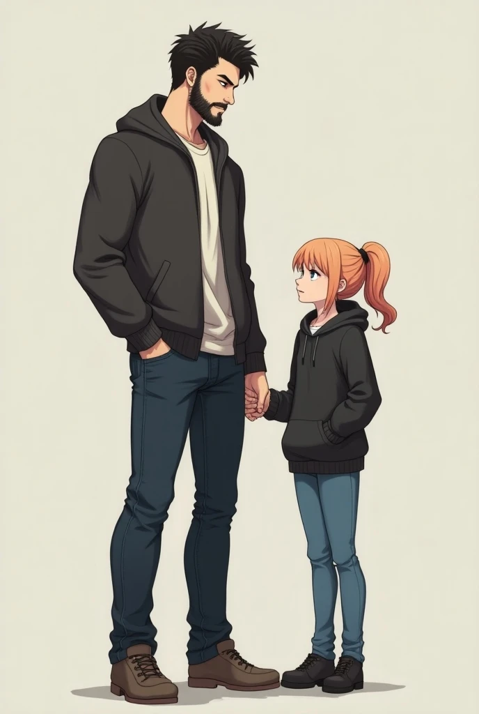 Anime a tall, attractive, muscular, bearded man. He has dark hair and dark eyes. He looks polished and is wearing jeans and a hooded sweatshirt.
He is holding the hand of a small woman who is at least a foot and a half shorter than him. She has strawberry ...