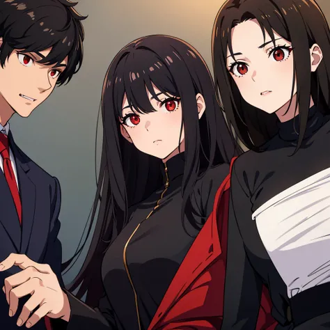 make a boy with short black hair and brown eyes next to a vampire girl with long black hair and red eyes in a school 