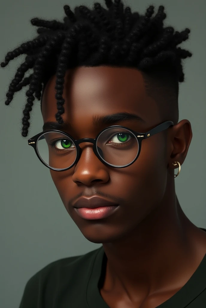 A handsome 18-year-old black boy with circular glasses green eyes is realistic and self and has androgenic beauty 