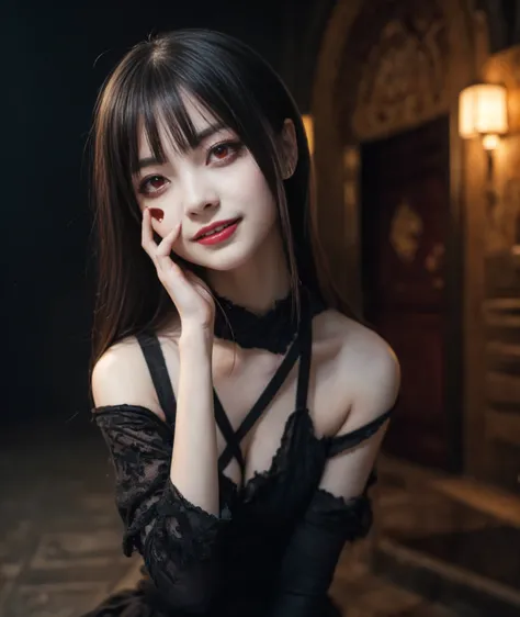 Shadowy Face　、beautiful girl、とてもcute天使、 Pink Gothic Fashion 、cute、baby face、smile、  long skirt、 black long boots 、.( best quality,4K,  High Resolution  ,masterpiece:1.2),   very detailed ,Realistic:1.37,  Spooky altar background  ,Dark fantasy,Red color sc...