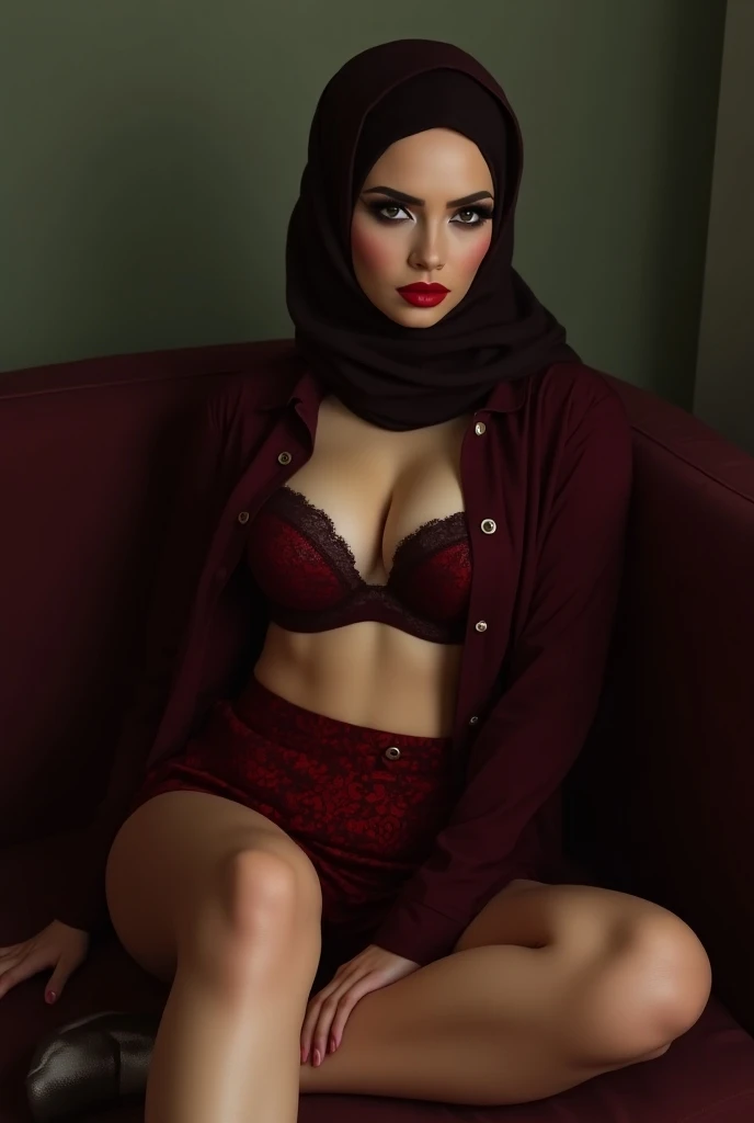 Photorealistic hijabi woman, smooth pale skin, red lipstick, smokey eyeshadow, thin waist, pursed lips, big lips, tight unbuttoned burgundy shirt with bra underneath, tight red mini patterned skirt, shirt tucked into skirt, sitting on sofa, realistic lips,...