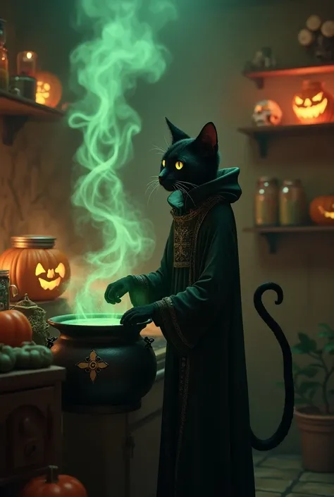 "Create a humanoid black cat standing in a spooky kitchen, dressed in a witchy Halloween robe. The cat is mixing potions in a bubbling cauldron, with glowing green smoke swirling up. Shelves filled with eerie ingredients like skulls, pumpkins, and candles ...