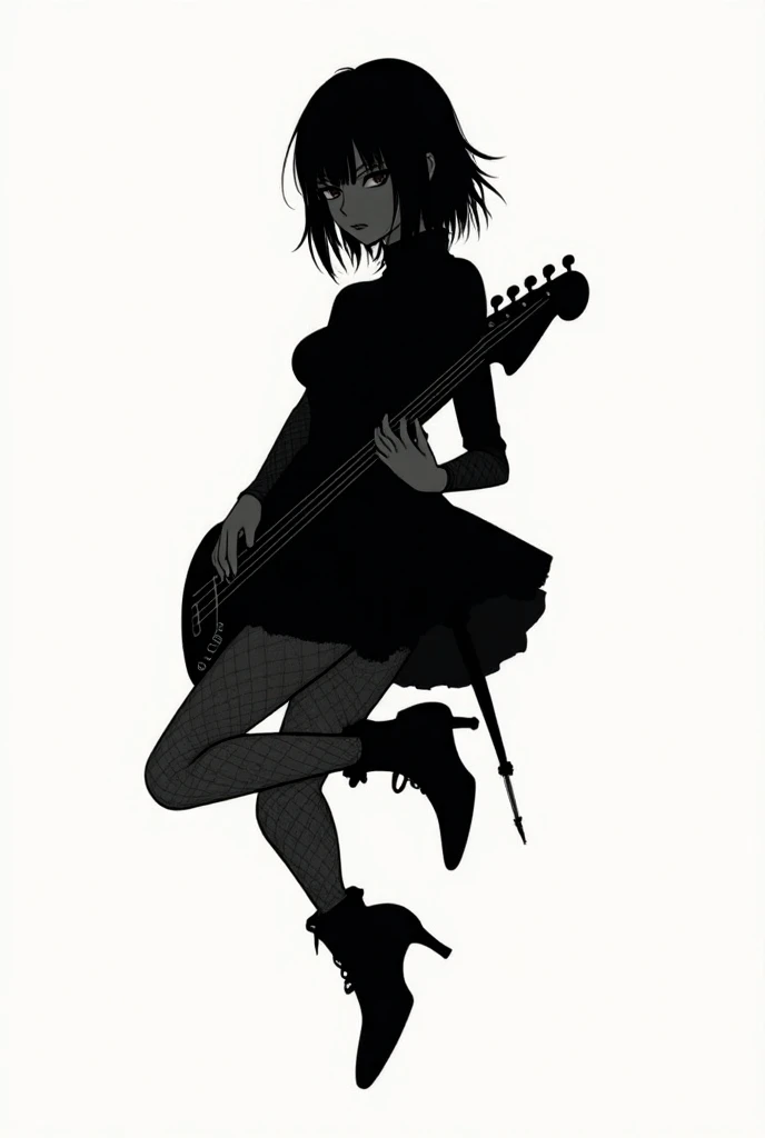 The best tattoo ,  who is a sketch for a tattoo on her forearm,   of the black silhouette of a girl in fishnets, skirt, black blouse,  straight hair that reaches the shoulders , fringe, in the style of Nana Osaki , playing the electric bass 