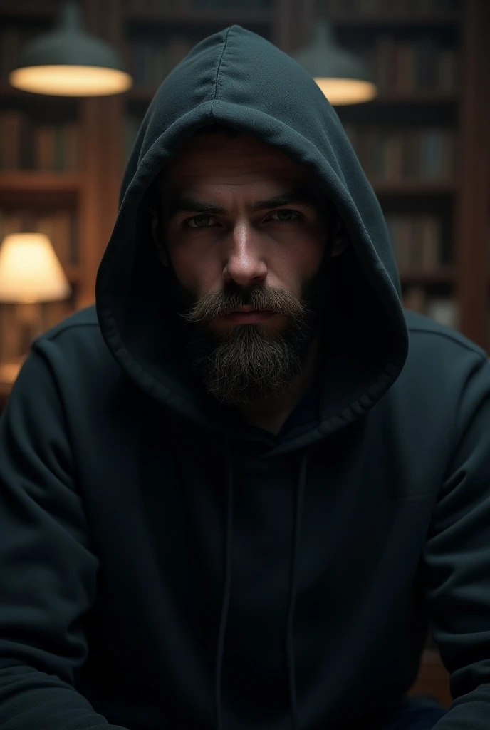  create a character with a hoodie covering his eyes ,  who has a beard and appears to be in an intellectual environment,  as if it were a library , Give me only your bust ,  that the environment is a bit dark , As the night.