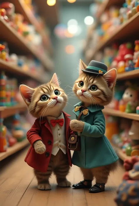 The cat and the cats mother were in a toy store, dressed up, when the cats mother opened her purse.