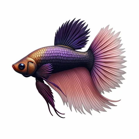 Betta fish logo, details in the form of yin and yang symbols with opposite heads, purple - gold and pink - gold, shiny black fins, white background, HD quality