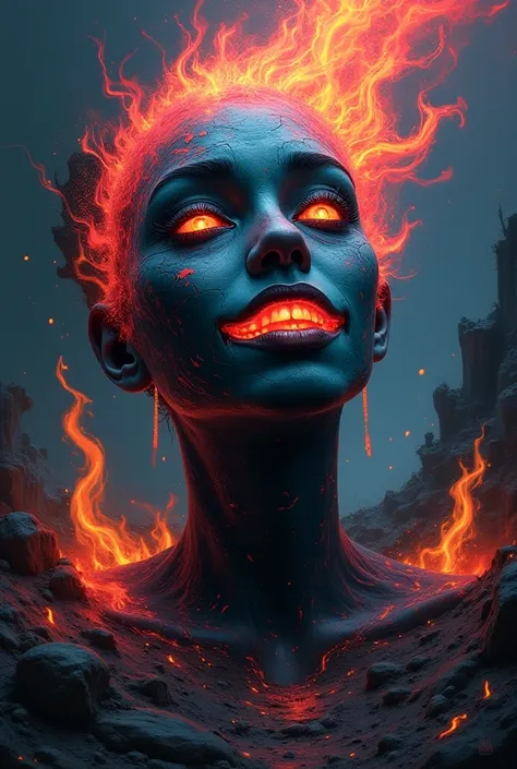 God, wisdom, insanity, decay, Broken smile,  colorful fire, black color, Neon colors  