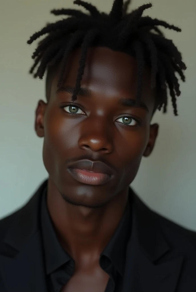 A handsome 18-year-old black boy with circular green eyes is realistic and self looking and has androgenic beauty as if he were from a boybend 