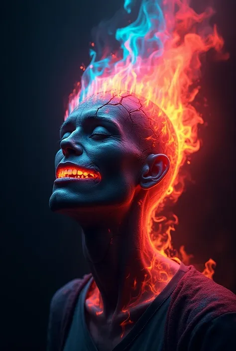 God, wisdom, insanity, decay, Broken smile, colorful fire, black color, Neon colors  