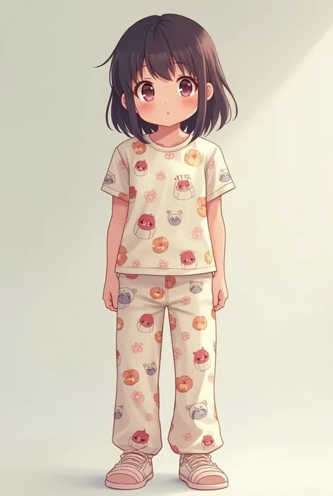 (Real photo) a 20 years teeneger girl wearing pajamas anime character print and shoes standing full body
