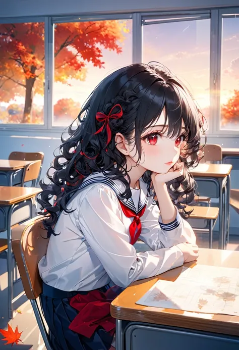 (profile style), sit down on chair, Resting own chin on desk,
(beautiful curly)
(beautiful black hair delicate long hair),
(immensely cute girl) (age 15), (beautiful red eyes)
((make up cute face, glossy lip)), (sad face),
in a white sailor suit, red ribbo...