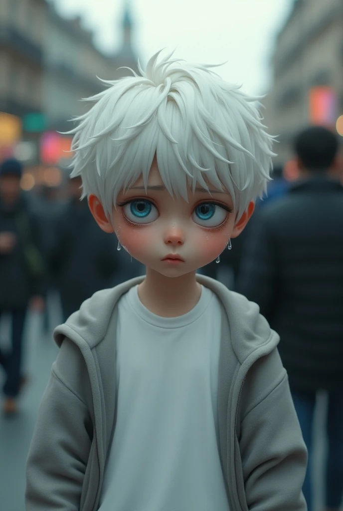 White-haired boy with blue eyes crying ,  dressed in a wide white t-shirt and gray sweater crying in public 
