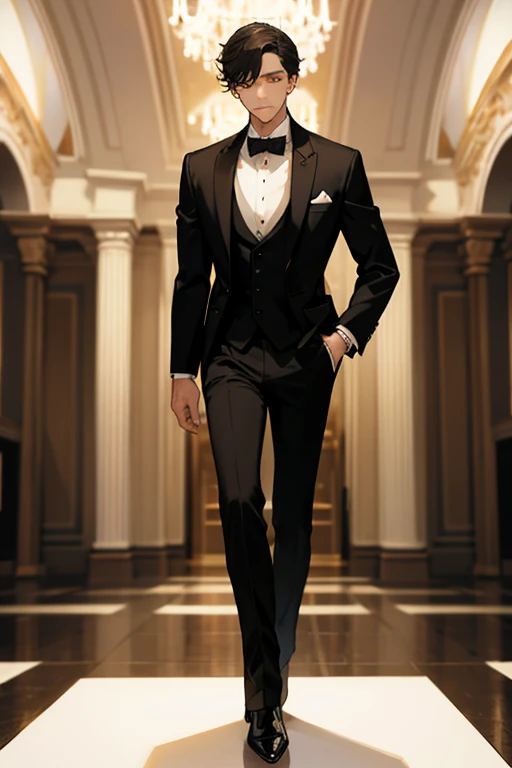  fashion show 、indoor、Elegant Men 、 Classy Tuxedo 、Full-body portrait、high quality