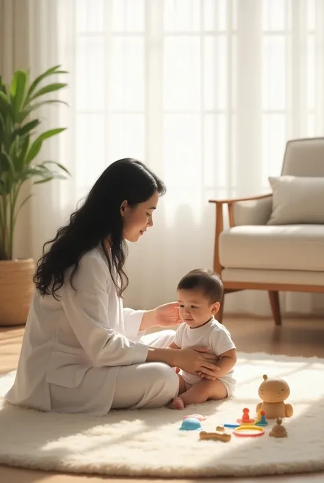 Physiotherapist with long curly black hair, Sitting on the floor on a rug encouraging a baby to sit with toys, an elegant office with light and nude tones 