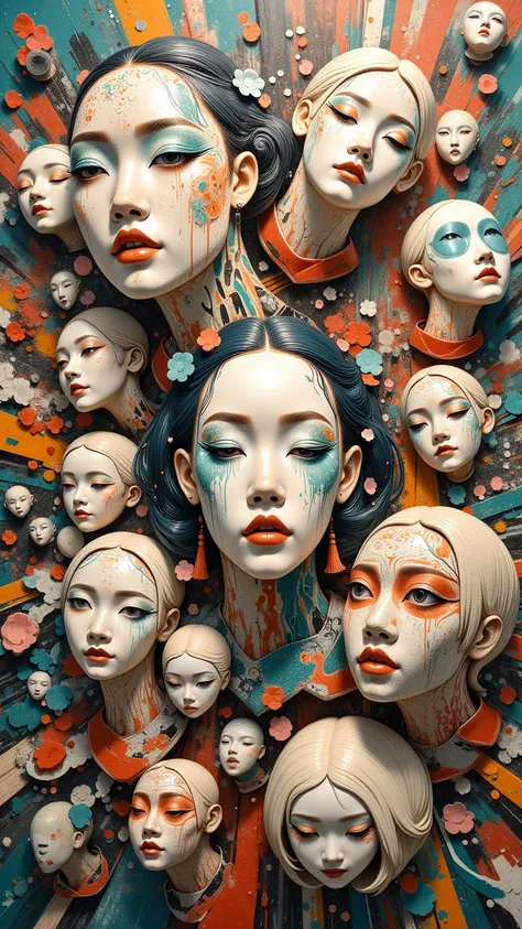 Expressionist artwork images of multiple floating ceramic heads of japanese women, 3d collage style, make it weird and gallery worthy