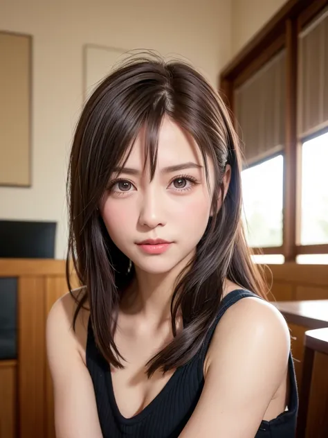 natta, Raw photography, (((Very beautiful portrait))), ((glistning skin)), 1girl in, Sexy 2 girl, Cafe Clerk、((Sauvages natural brown hair)), Gentle smile staring at the camera, ((​masterpiece, top-quality, ultra-detailliert, ciinematic light, intricate de...