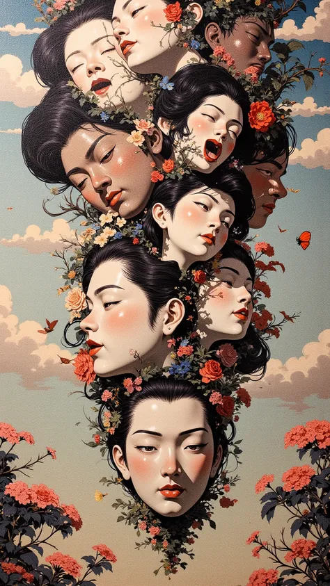 Expressionist artwork images of multiple floating ceramic heads of japanese women, 3d collage style, make it weird and gallery worthy