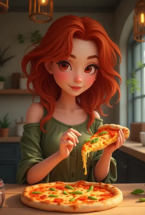 Young red-haired woman eating a pizza.