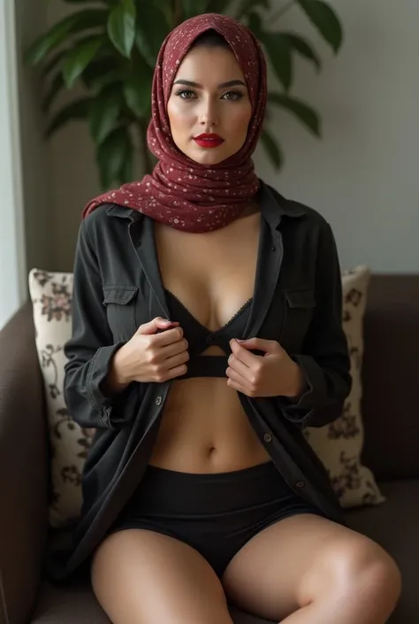 Photorealistic hijabi woman, smooth pale skin, red lipstick, smokey eyeshadow, thin waist, pursed lips, big lips, tight unbuttoned shirt with bra underneath, tight mini skirt, shirt tucked into skirt, sitting on sofa, realistic lips, thick legs, bare legs,...