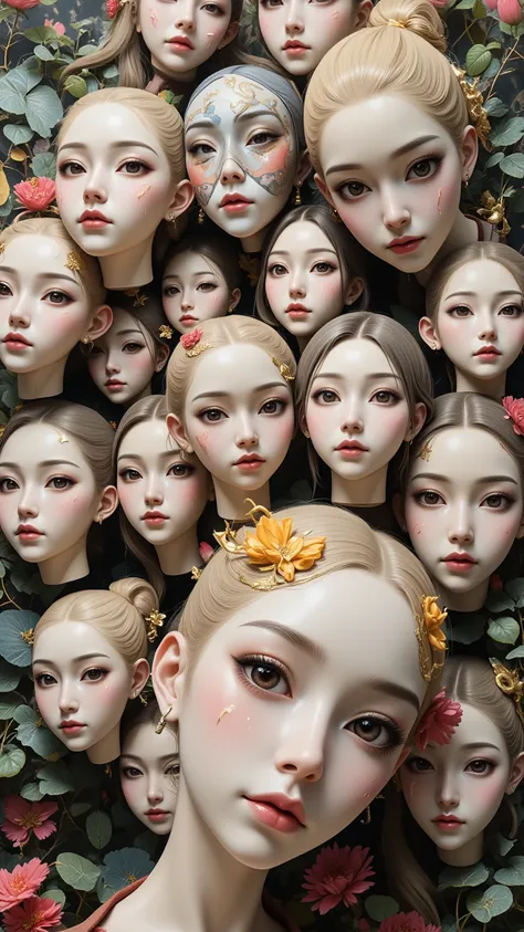 Expressionist artwork images of multiple floating ceramic heads of japanese women, 3d collage style, make it weird and gallery worthy