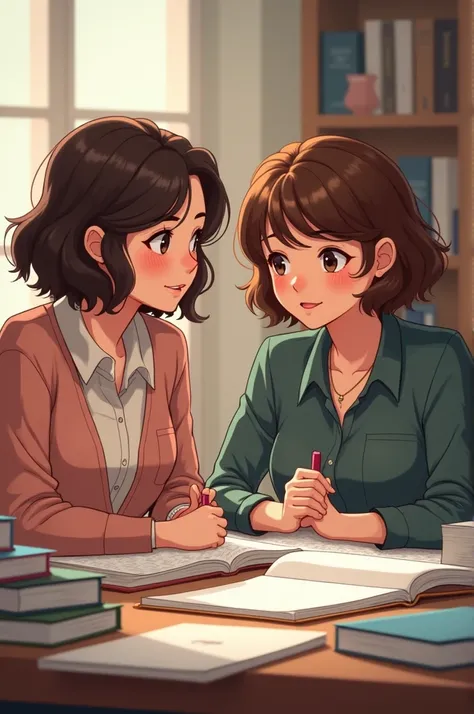  Two women with short wavy hair studying and talking (a chubby )