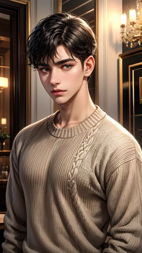 A Beautiful Young Man, Private room with no one, black hair shorthair, Brown eyes, ​masterpiece, absurderes, Night, beautiful and detailed face, Looking at Viewer, loose long sleeve sweater