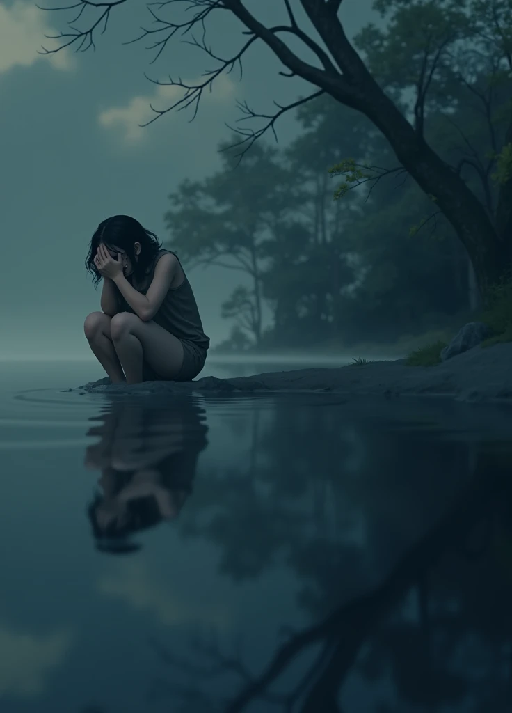 Woman crying near a lake