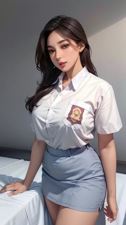 (best quality:1.5, highres, UHD, 4K, detailed lighting, shaders), chun-li, large breasts, suit, gray shirt, social shirt, short skirt, mature woman , (pov), white background, colorful eyeshadow, dramatic lighting, sparkling eyes, sensual expression, golden...