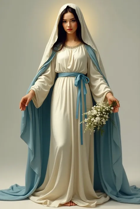 Realistic image of the Virgin Mary, half body. The virgin has an oval face , Dark hair,  brown eyes and represents s of age .  She is dressed in white tunic ,  with a round neck and a white cloak on her head . In one of her hands she carries a beautiful bo...