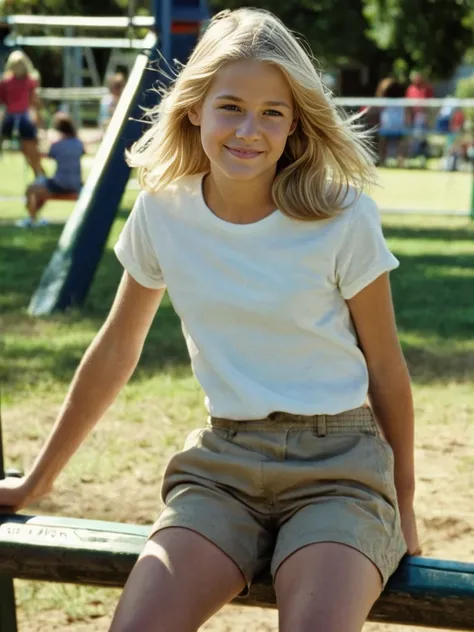 a candid photograph of a young blonde teen school girl. the student is sitting on top of a see-saw in the playground with her ha...