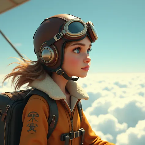 a girl dressed as an aviator looking to the right