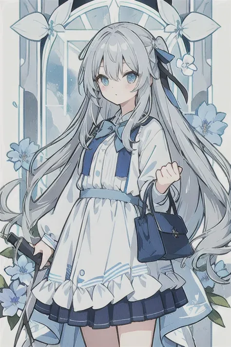 Gray hair、Very long hair · side tail on the right side · eyes of a different color 、Left eye is light blue、 right eye {x} right eye is gray · loose blouse · light blue cardigan · light blue skirt · wearing gray ribbon · girl · quiet · light blue flower fie...