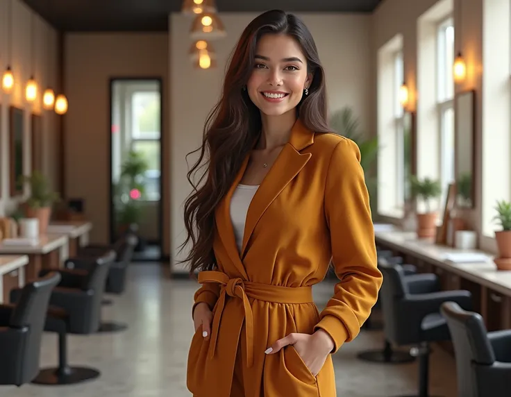 20s female, Hair salon, Hair designer, smile, Long hair, Fall outfit