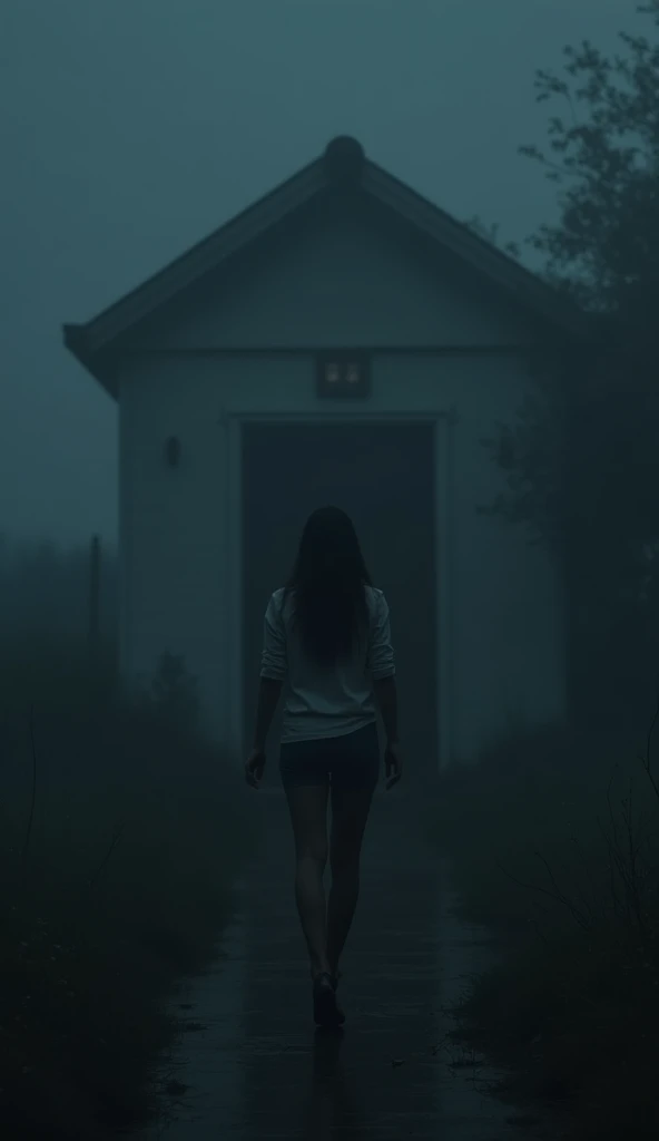 The image of a young girl, about 18 years old, standing in front of the door of the house, her face turned back in extreme fear and anxiety. The scene was taken at night, with a black fog covering the surrounding landscape, immersed in darkness, adding to ...