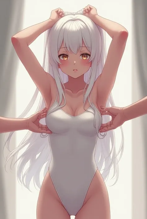 A beautiful white long hair anime girl got both her hands tied up in the air in a competition swimsuit and two hands touched both her armpits